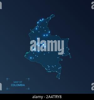 Carte avec les villes de Colombie. Points lumineux - néons sur fond sombre. Vector illustration. Illustration de Vecteur