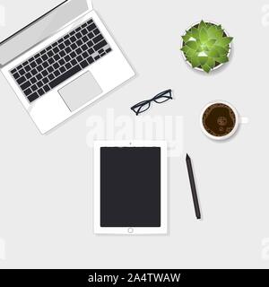 Mise à plat d'affaires avec ordinateur portable et tablette. Vector illustration graphique Illustration de Vecteur