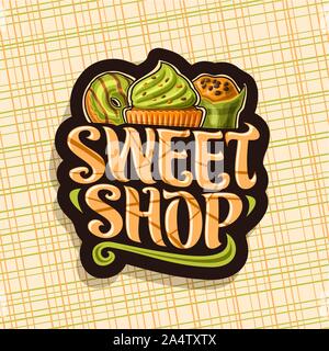 Logo Vector pour Sweet Shop, dark signer avec french green donut, cupcake à la menthe et crème de chocolat muffins emballés avec type de pinceau original, Illustration de Vecteur