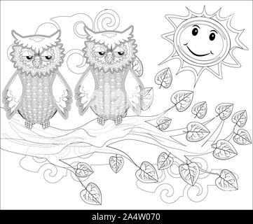 Pages à colorier. Les oiseaux. Cute owl se trouve sur l'arbre. Banque D'Images