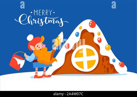 Joyeux Noël carte avec cute elf peinture d'une maison de caractère Illustration de Vecteur