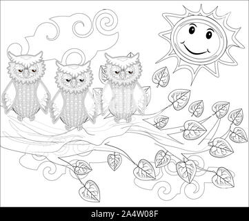 Pages à colorier. Les oiseaux. Cute owl se trouve sur l'arbre. Banque D'Images