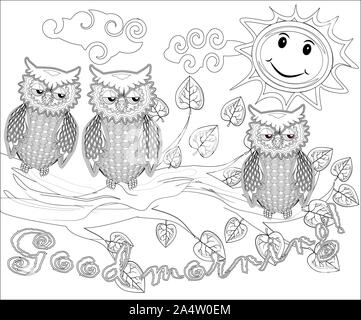 Pages à colorier. Les oiseaux. Cute owl se trouve sur l'arbre. Banque D'Images