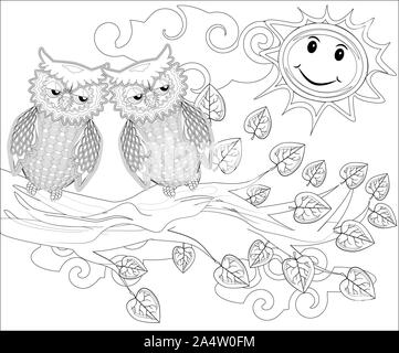 Pages à colorier. Les oiseaux. Cute owl se trouve sur l'arbre Banque D'Images