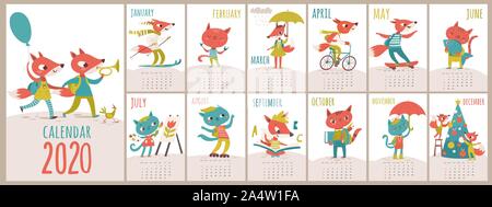 Vector 2020 Modèle de calendrier avec des chats et des renards en kids cartoon style Illustration de Vecteur