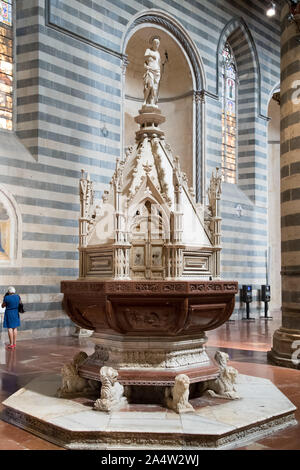 Fonts baptismaux en marbre de style gothique avec des lions du gothique italien Cattedrale di Santa Maria Assunta (Cathédrale de l'Assomption de la Bienheureuse Vierge Marie) en hi Banque D'Images