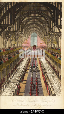 Banquet de couronnement du roi George IV, Westminster Hall, 1821. Le défi du champion, un chevalier en armure à cheval, accompagné par le duc de Wellington, jette le gant. Deux rangées de tables occupées par des nobles dans l'hermine devant le roi sur un trône à baldaquin à la table. Le Grand Banquet de couronnement à Westminster Hall, le 17 juillet 1821. Coloriée à la gravure sur cuivre de la vraie vie à Londres, ou, plus de randonnées et aventures de Bob Tallyho, Esq. et son cousin l'honorable Tom Dashall, par la Métropole, Jones, Londres 1821. Anonymous imitation de Pierce Egan's Li Banque D'Images