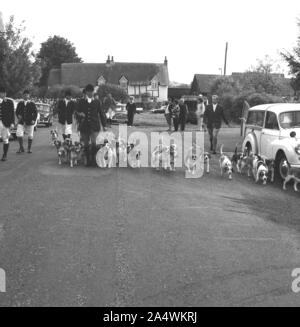 Années 1960, historiques, maîtres de chasse avec meute de chiens, beagle, marchant le long d'une route de campagne près de la maison publique Harrow, Bishopstone, Angleterre, Royaume-Uni. Banque D'Images