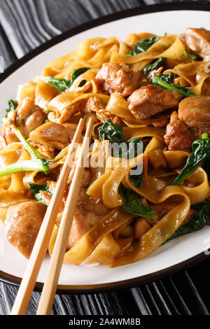 Notes Voir Ew - le populaire Thai Nouilles sautées libre sur le platr sur la table verticale. Banque D'Images