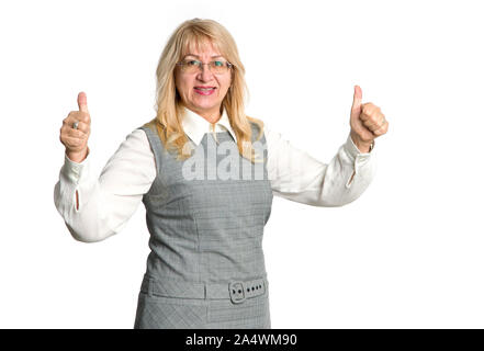 Young woman showing Thumbs up, isolé sur fond blanc. L'expérience des femmes. Professeur. Banque D'Images