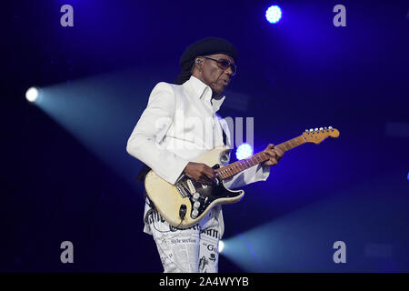 Rio de Janeiro, Brésil, le 3 octobre 2019. Le guitariste Nile Rodgers du groupe Chic durant son show à Rock in Rio en 2019 dans la ville de Rio de Janeiro. Banque D'Images