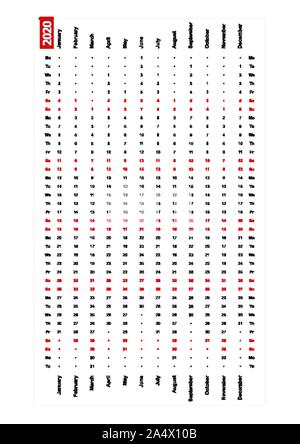 Une ligne calendrier 2020 vertical, le lundi premier jour de la semaine. Vector Illustration. Illustration de Vecteur