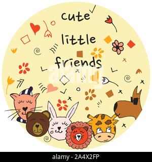 Amis des animaux colorés, y compris la collecte de chien, chat, girafe, ours, lion, lapin.Extra hand drawn doodles.Bon pour les affiches, autocollants, cartes, l'alphabet Illustration de Vecteur