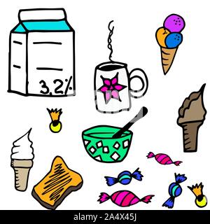 Illustration vecteur Doodle. Des icônes pour le petit-déjeuner, l'ornement. Les éléments colorés pour logo, étiquette, menu, café shop. Télévision articles dessinés à la main. Illustration de Vecteur
