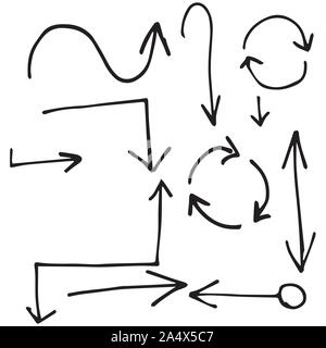 Jeu de flèches courbes vectoriels dessinés à la main. Doodle croquis style. Collection de pointeurs. Illustration de Vecteur