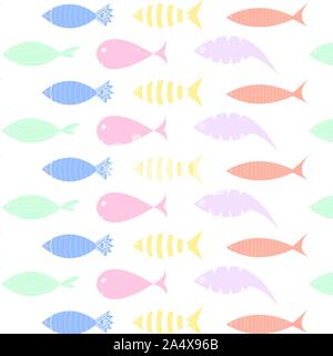 Poisson mignon icônes montrant des animaux aquatiques à différentes échelles, les nageoires, la queue et les branchies de nager dans l'eau. Excellent pour les enfants livre, tissu ou chambre Illustration de Vecteur