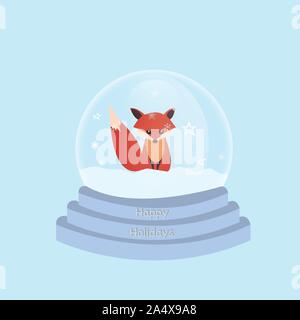 Bonjour hiver neige globe. Boule de verre contenant une sphère. Animal et flocons. Ball jouet avec Noël décor style plat vector illustration isolé sur bac Illustration de Vecteur