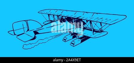 Hydravion biplan historique s'envoler. Illustration sur fond bleu après une lithographie du début du xxe siècle. Dans les couches modifiable Illustration de Vecteur