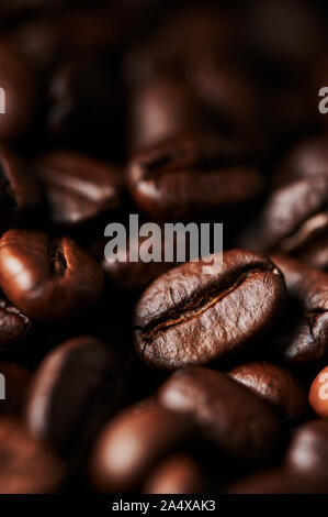 Close up of roasted Coffee beans pour le fond, la texture et le design. Focus sélectif. Banque D'Images