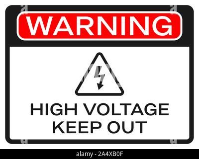 Signe de tension élevée sur fond blanc. Texte d'avertissement rouge et flèche noire. Tenir hors autocollant et une icône triangulaire. Étiquette de sécurité dans l'appartement de style. Vector illust Illustration de Vecteur