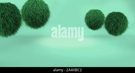 Le rendu 3D d'un arrière-plan géométrique vert pour la publicité commerciale. Boules de fourrure verte. Boule de poils duveteux vert sur fond vert Banque D'Images