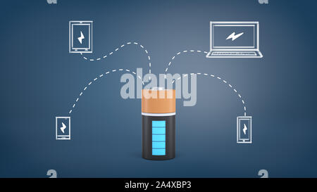 Le rendu 3D d'un noir et l'orange batterie complètement chargée est relié par des points à Chalk photos d'électronique grand public. Banque D'Images