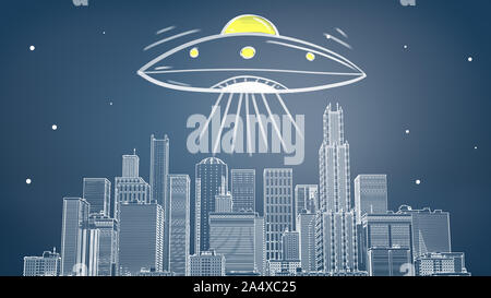 Le rendu 3D d'un paysage urbain dessiné à la craie avec de nombreux gratte-ciel dans le cadre d'une soucoupe volante géante émettant une lumière jaune et soleil. Banque D'Images