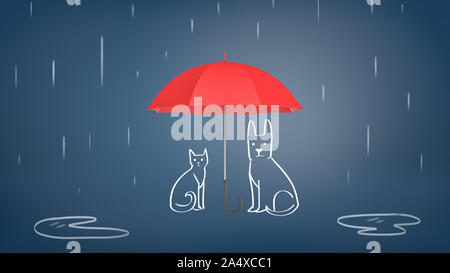 Le rendu 3D d'un parapluie rouge ouvert couvrant la craie appelée chat et chien de la pluie sur un fond bleu. Banque D'Images