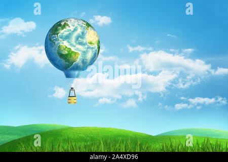 Le rendu 3D de ballon à air chaud avec un globe terrestre au lieu de l'air en montgolfière, survolant un champ d'été vert. Banque D'Images