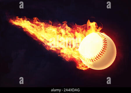 Le rendu 3D d'une balle de baseball blanc avec coutures rouge est pris dans les flammes tandis qu'il vole sur fond sombre. Banque D'Images