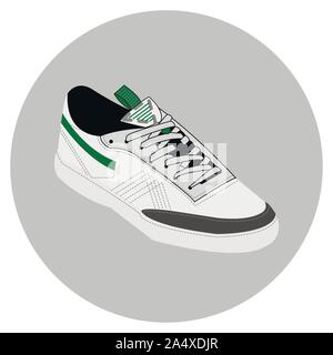 Vector cartoon illustration sneakers. Isolé sur blanc. L'élément de conception simple pour réserver, autocollant, magazine. Bottes Sport logo, Affiche, carte postale, f Illustration de Vecteur