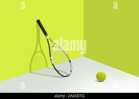 Le rendu 3D de raquette de tennis s'appuyant sur un mur jaune vif avec un ballon allongé sur un marbre blanc à proximité. Banque D'Images