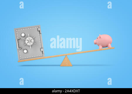 De rendu 3d avec une balançoire en bois metal-fort pour overweighing un grand pink piggy bank. Banque D'Images