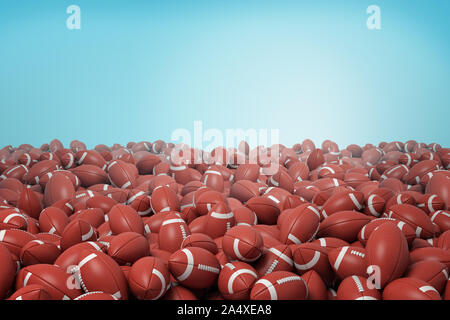 Le rendu 3D d'innombrables tas de boules en cuir rouge identiques pour le football américain sur fond bleu. Banque D'Images