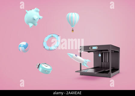Le rendu 3D de fond rose avec une imprimante 3d faire une tirelire bleu, d'un réveil, d'une bouée de sauvetage et d'autres choses. Banque D'Images