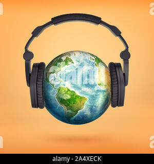 Le rendu 3D d'un grand casque noir placé sur un globe de la terre c'est un semblant de tête. Banque D'Images