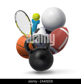 Le rendu 3D de collection de sport et de l'équipement de conditionnement physique : un haltère, un kettlebell, tennis, sport d'équipe et de plusieurs balles. Banque D'Images
