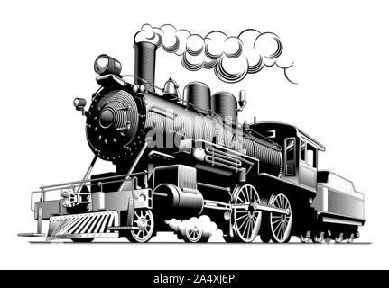 Train à vapeur locomotive, Vintage style gravure illustration vectorielle. Sur fond brun. Modèle de conception de logo. Illustration de Vecteur