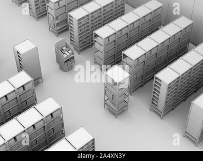 Le rendu d'argile de robots mobiles autonomes offrant des étagères au centre de distribution. Centre logistique Intelligent concept. Le rendu 3D image. Banque D'Images