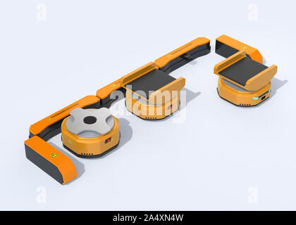 Des robots mobiles autonomes de chargement dans la station de charge. Concept d'automatisation d'entrepôt. Le rendu 3D image. Banque D'Images