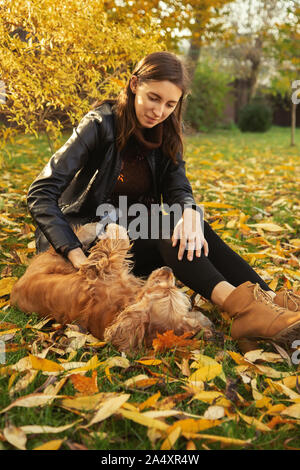 Femme avec cocker américain joue à autumn park Banque D'Images