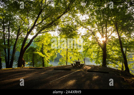 Une aire de pique-nique au parc des lacs Grundy à Tracy City, Missouri du parc d'état de Cumberland Sud système. En contre-jour au soleil levant. Banque D'Images