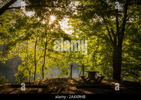 Une aire de pique-nique au parc des lacs Grundy à Tracy City, Missouri du parc d'état de Cumberland Sud système. Par le contre-jour du soleil tôt le matin.. Banque D'Images