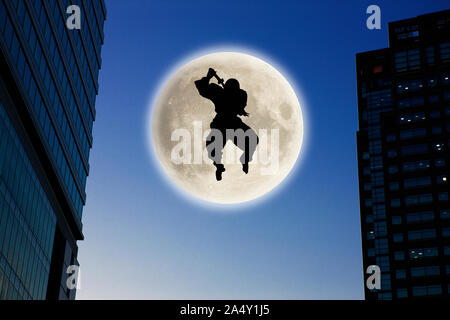 Ninja japonais avec la pleine lune brillant Banque D'Images