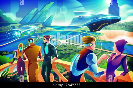 L'imagerie d'une illustration d'un paysage futuriste avec un groupe de personnes sont flâner sur une terrasse. Une terrasse partie dans l'avenir. Illustration de Vecteur