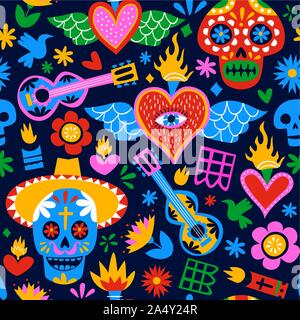 Le Jour des morts avec motif transparent des idoles de la culture traditionnelle au Mexique en télévision cartoon style coloré. Maison de vacances mexicaines pour l'arrière-plan d'événements festifs. Illustration de Vecteur