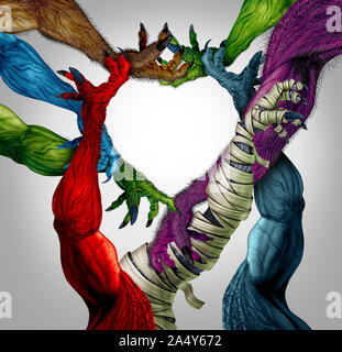 Forme de coeur bras Monster avec zombie bête mains et creepy halloween démon loup-garou ou effrayant symbole d'horreur avec texture peau verte froissé. Banque D'Images