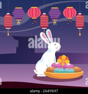 Lanternes chinoises et lapin, Happy design festival de mi-automne Illustration de Vecteur