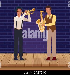 Le trompettiste et le saxophoniste de jazz band, musique design Illustration de Vecteur