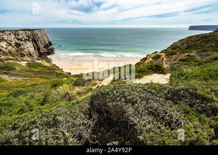 Belle plage pour les surfeurs sur la côte de l'Algarve près de Cabo Sao Vicente, Sagres, Portugal Banque D'Images